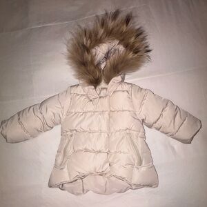Cream Puffer Jacket with Faux Fur Hood